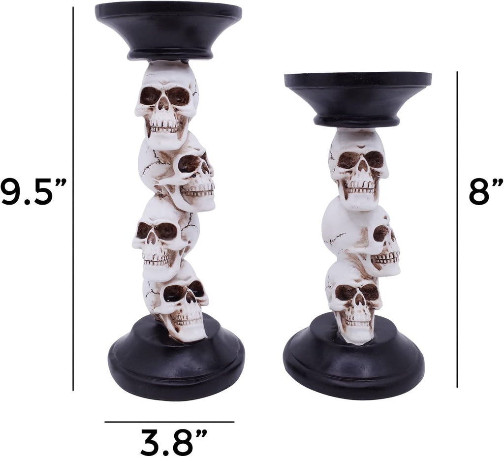 Etistta Halloween Skull Candle Holder for Fireplace Decorations, 9.5 Inch Tall Polyresin Candlestick Holders, White Bones Black Candlesticks for Decor, Set of 2