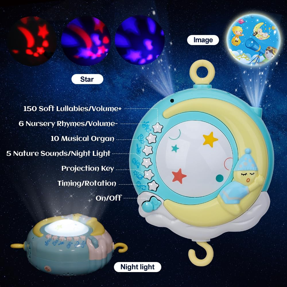 Baby Musical Crib Mobile with Timing Function Projector Lights,Stand-Along Rattles and 150 Melodies Music Box with Remote Control for Newborn 0-24 Months