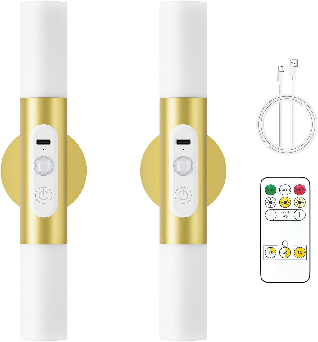Motion Sensor Wall Sconces with Remote Control, LED Rechargeable Battery Operated Wall Lights Set of Two for Living Room, Indoor Wireless Wall Lamps for Bedroom, Hallway, Stair, Gold 2 Pack