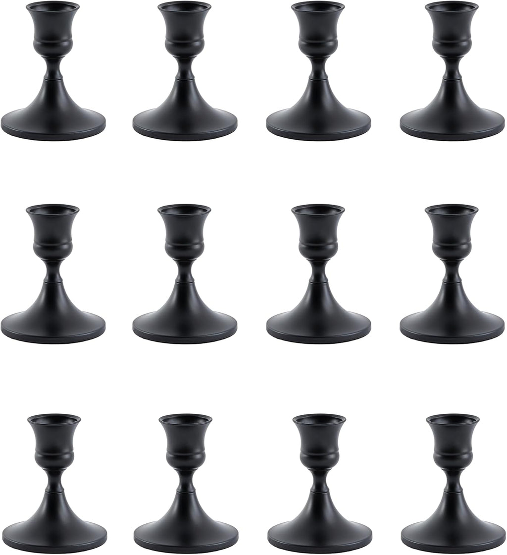 Black Taper Candle Holder, Candlestick Holders, Vintage Metal for Table Centerpieces Wedding Decor (Matte Black, 12 Pcs)