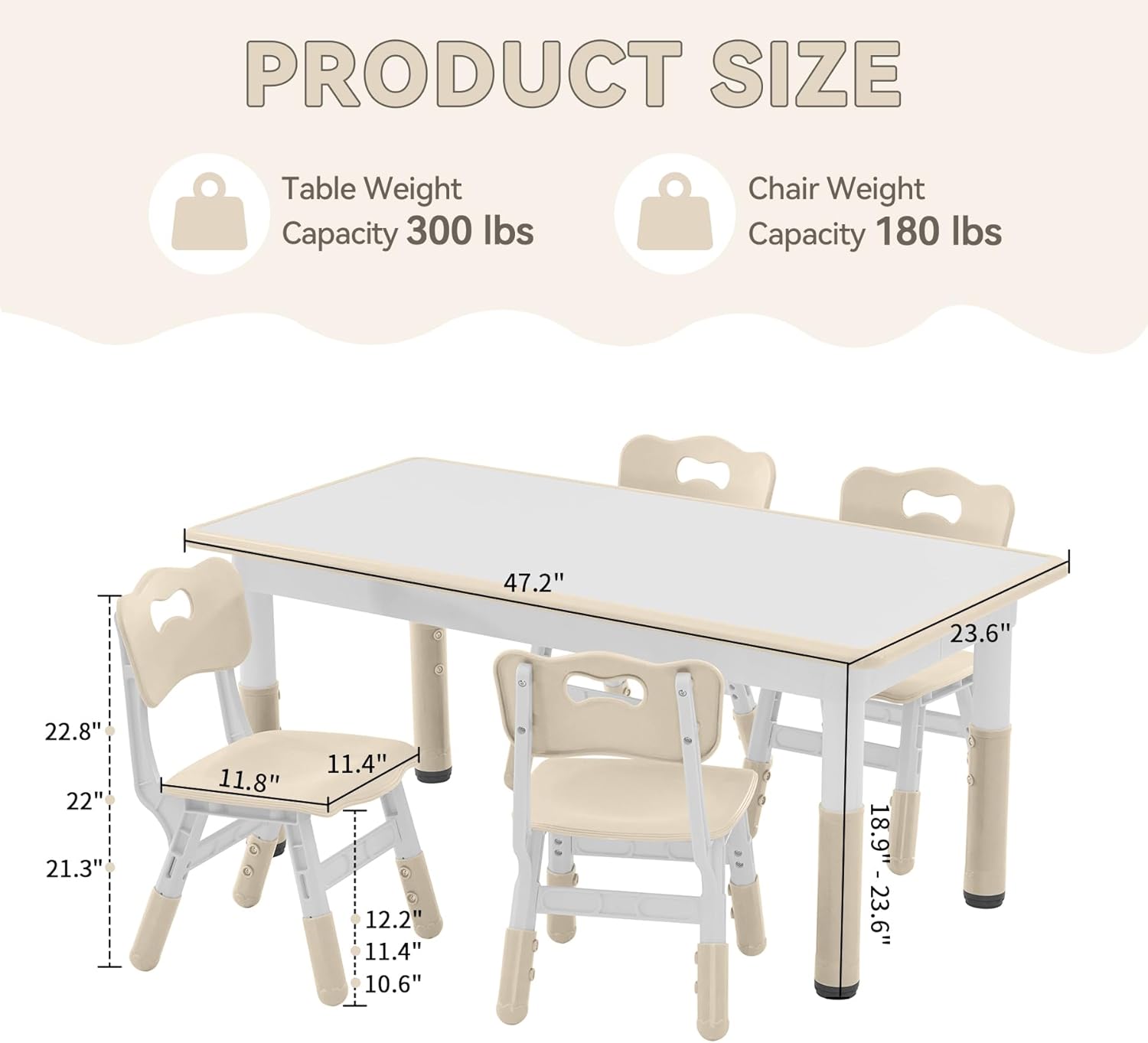 Kids Study Table and Chairs Set, Height Adjustable Toddler Table and Chair Set for Kids Ages 3-8, Graffiti Desktop (Burlywood - 1)
