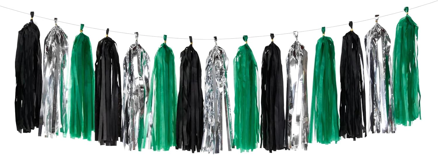 Black Green Silver Tassel Garland - 15pcs Soccer Party Supplies Tassels Graduation Backdrop Decorations Men Boys Birthday Spring Summer Jungle Theme Banner