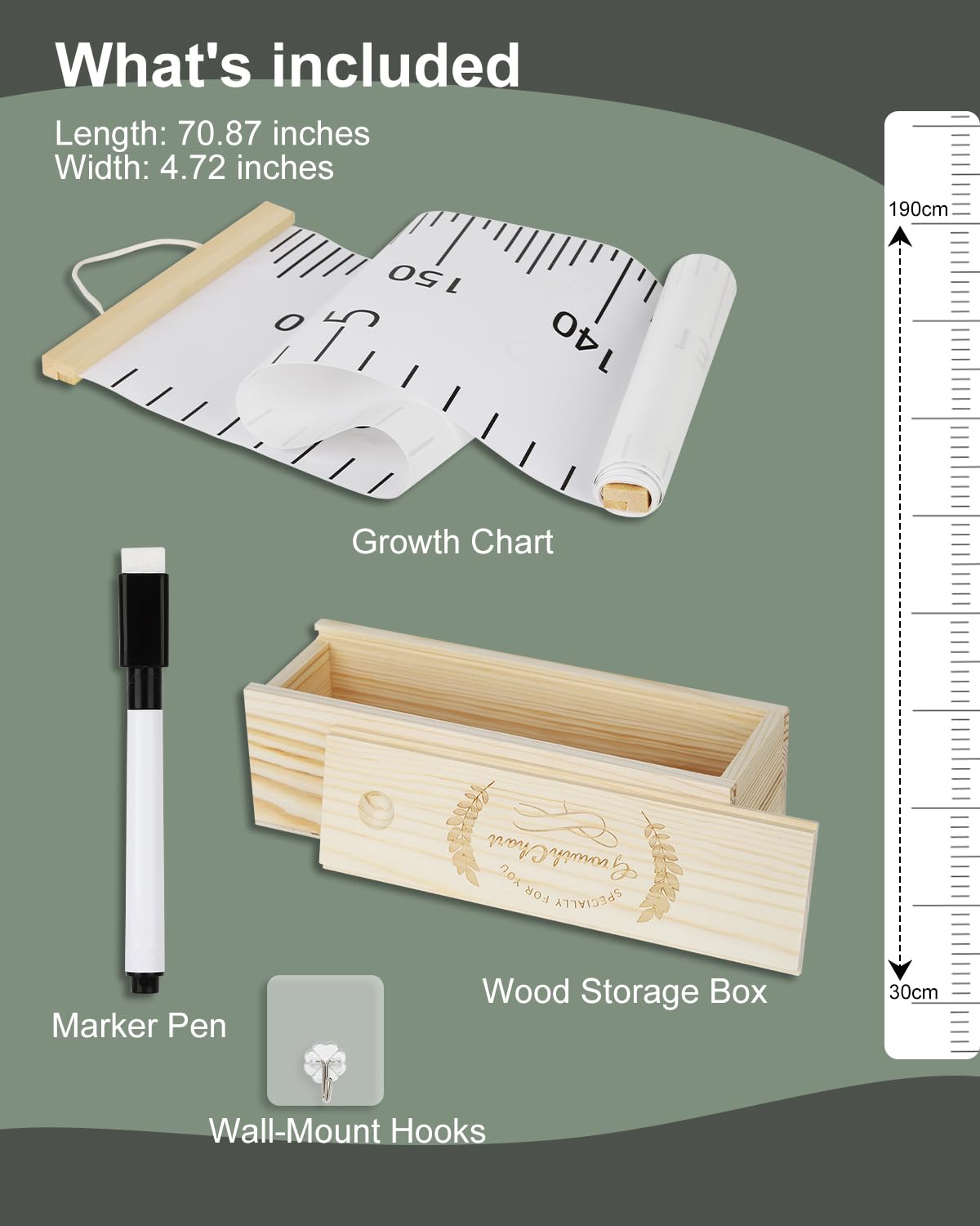 6.5FT Growth Chart for Kids with Wooden Keepsake Box - Children Height Measurement Kit Includes Marker Pen & Wall Hook, Height Tracker Ruler Baby Essentials, Nursery Room Decor Gift for Baby to Teen