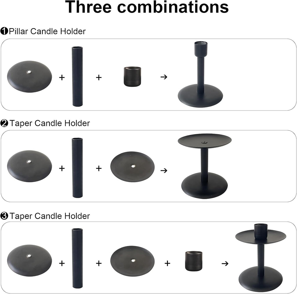 Set of 7 Metal Black Candle Holders, Assemblable Pillar and Taper Candlesticks, Halloween Fall Thanksgiving Day Dining Table Centerpieces Decor, Mantle Fireplace Candle Sticks Decorations