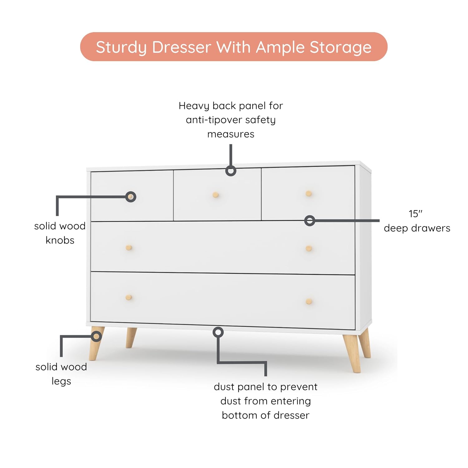 dadada Austin 5-Drawer Dresser for Nursery and Bedroom - Modern Design, Large Storage, Baby-Safe Finish, Anti-Tip Safety, Solid Wood Feet, Durable Construction (White+Natural)