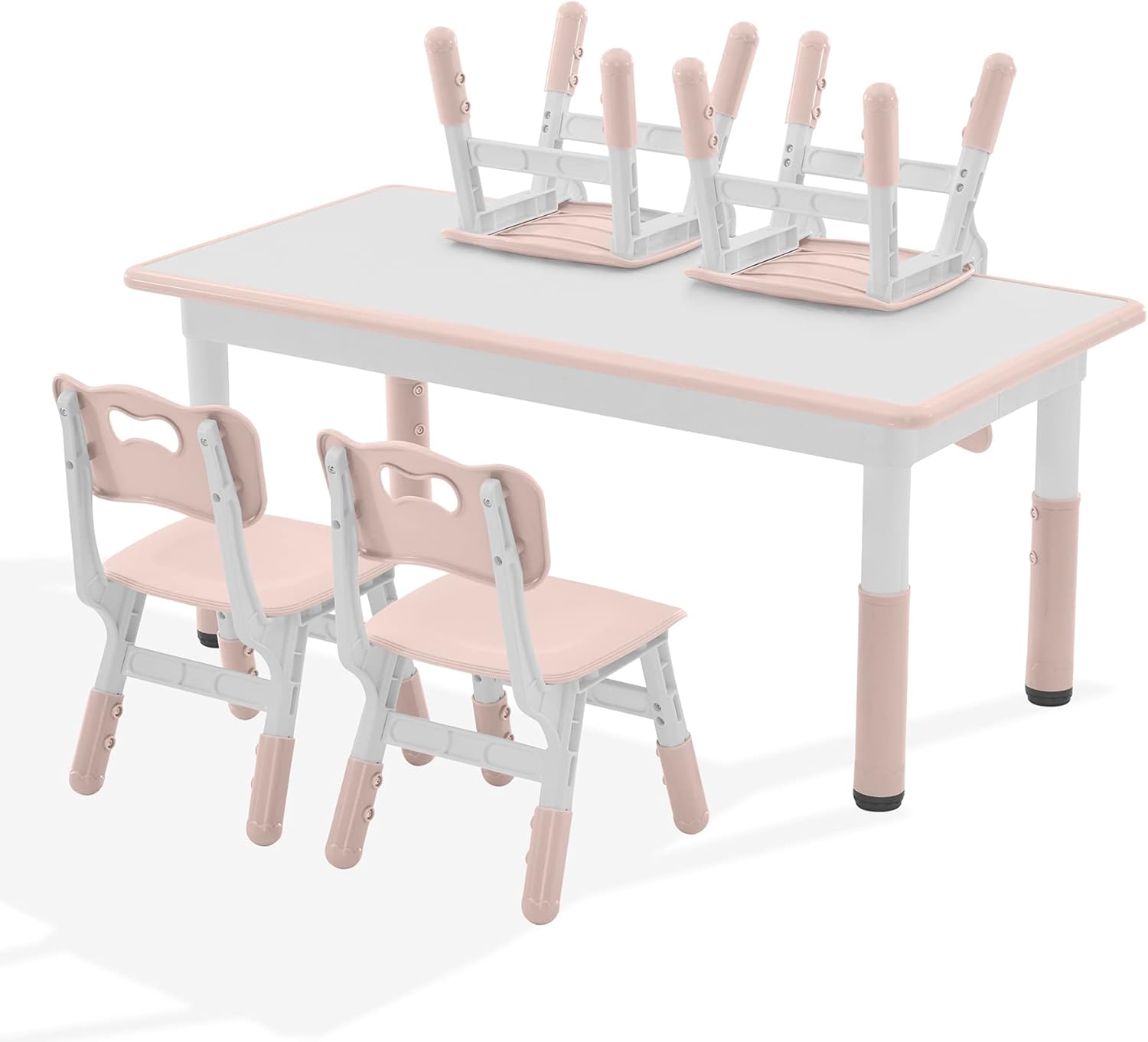 Kids Study Table and Chairs Set, Height Adjustable Toddler Table and Chair Set for Kids Ages 3-8, Graffiti Desktop Plastic Children Art Table with 4 Seats, Lovely Pink