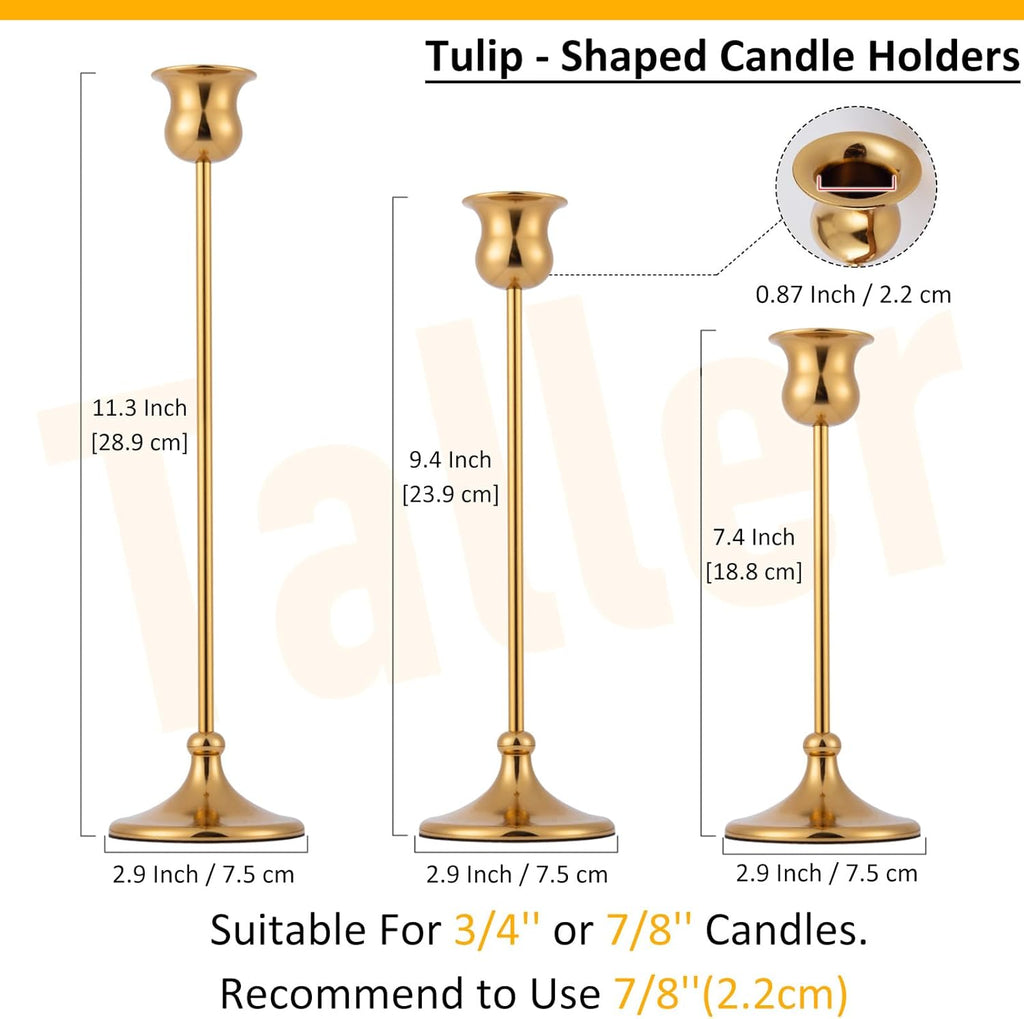 Taper Candle Holder Tall Vintage Metal Candlestick Holders Candle Stick Candelabra for Halloween Thanksgiving Christmas Holiday Wedding (Gold, 1 Set (3 pcs))
