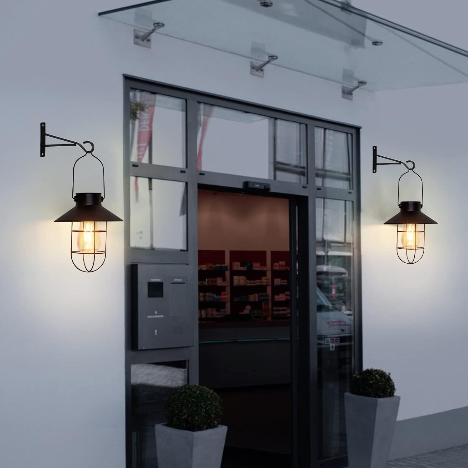 pearlstar Solar Lanterns Outdoor Metal Solar Powered Hanging Lights Waterproof for Wall Barn Yard Garden Patio Garage Balcony Porch Fence Decor, Warm White Edison Bulb (Black-2pack)