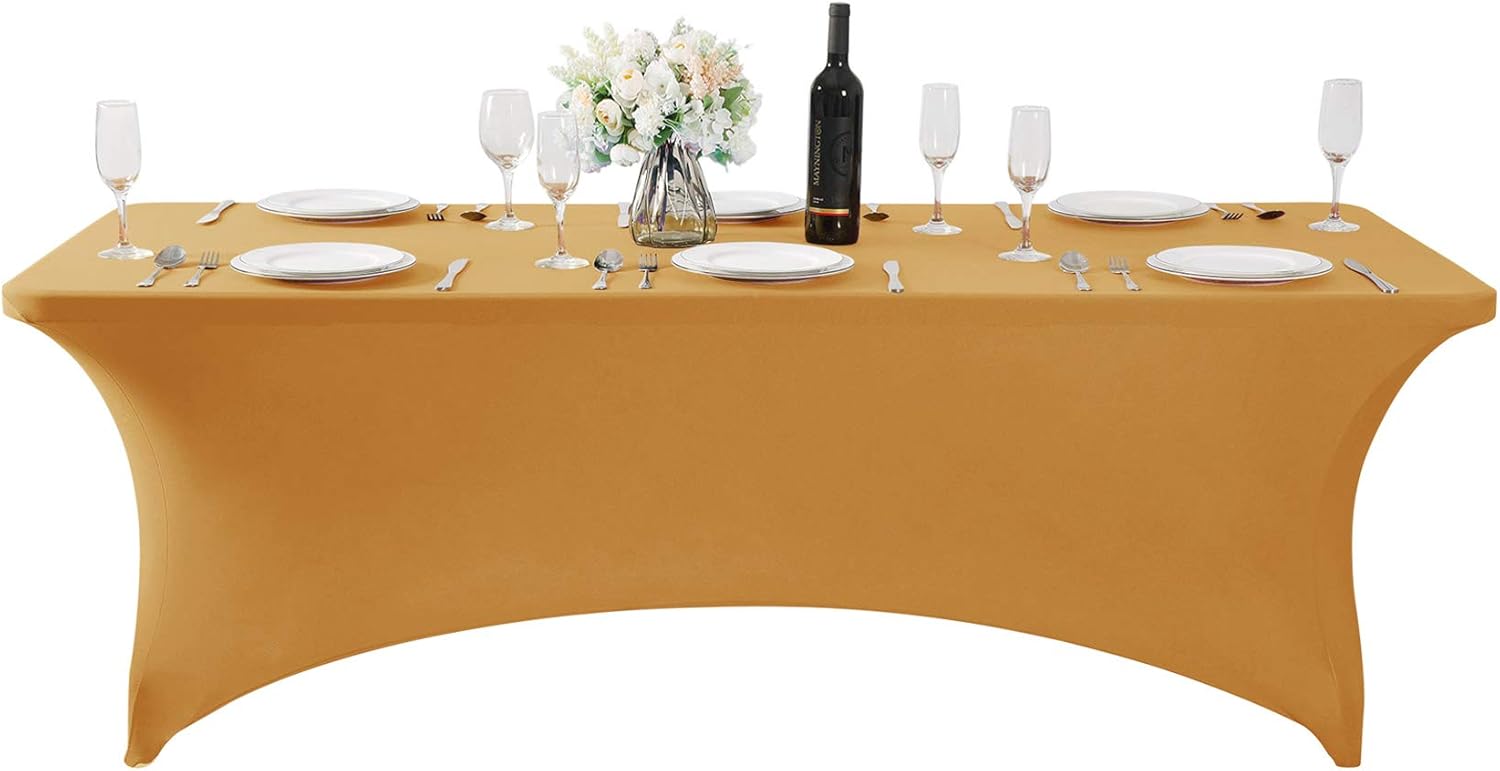 2Pack Spandex Table Cover for 6Ft or 4fT or 8ft Table Universal Fitted Stretch Tablecloth for Party, Banquet, Wedding and Events-Gold