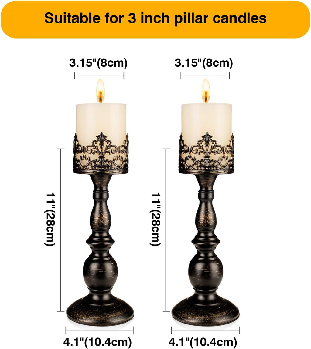 Candle Holders for Pillar Candles Gothic Matte Black Vintage Tall Candle Holders Set of 2 Decorative Large Table Centerpieces Candle Stand Decor (Distressed Black 2PCS A)