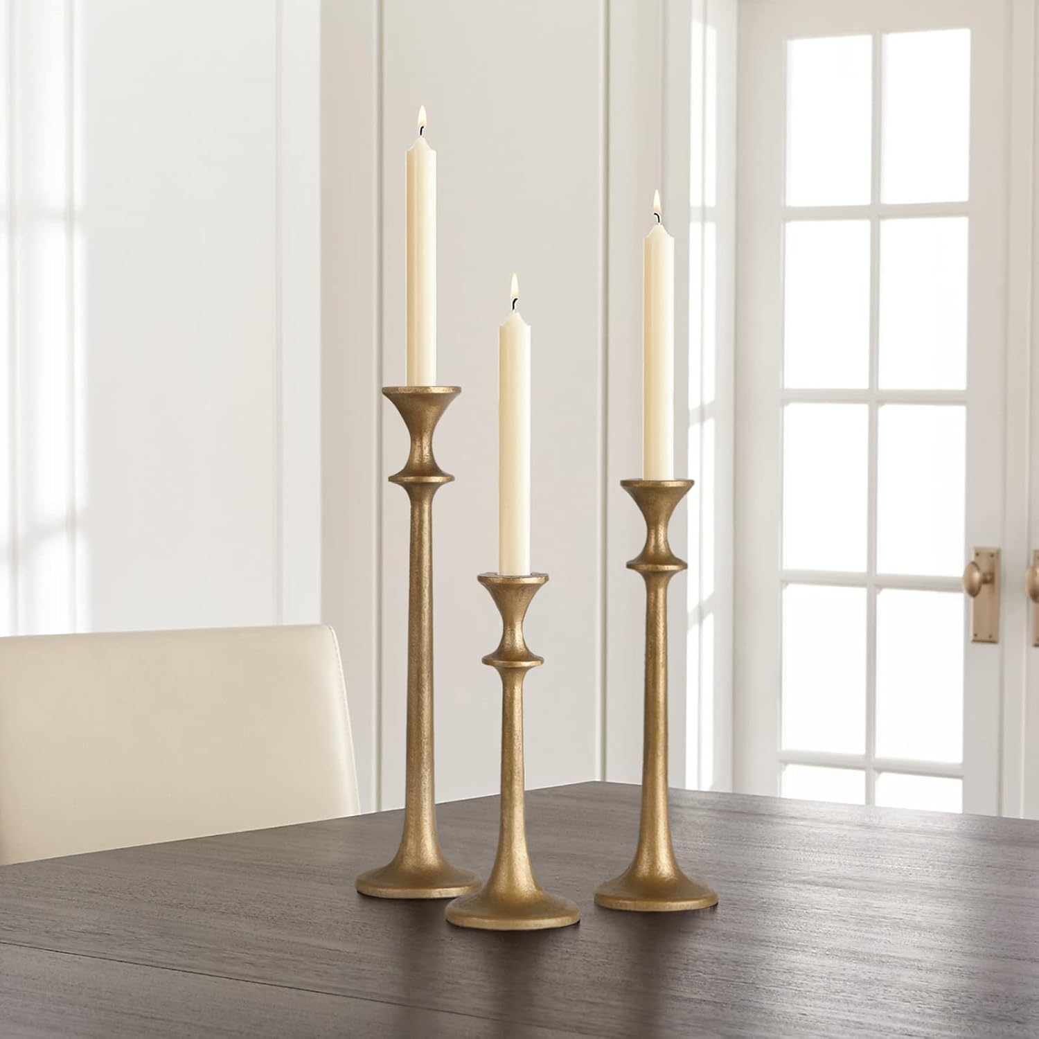 Iron Taper Candle Holder - Set of 3 Decorative Candle Stand - Candlestick Holder for Wedding, Dinning, Party - Antique Brass