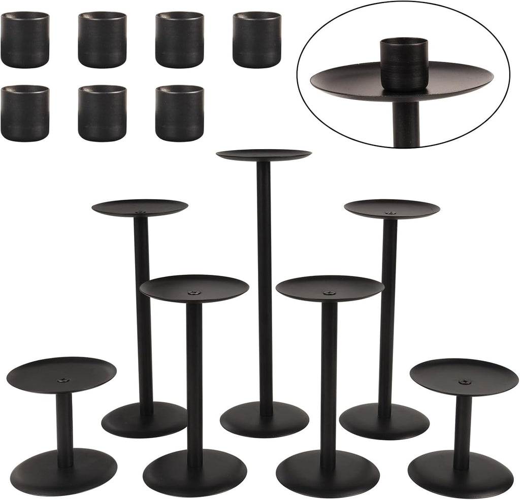 Set of 7 Metal Black Candle Holders, Assemblable Pillar and Taper Candlesticks, Halloween Fall Thanksgiving Day Dining Table Centerpieces Decor, Mantle Fireplace Candle Sticks Decorations