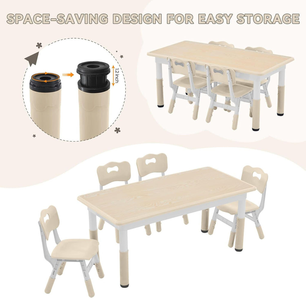 Kids Study Table and Chairs Set, Height Adjustable Toddler Table and Chair Set for Kids Ages 3-8, Graffiti Desktop (Burlywood - 2)