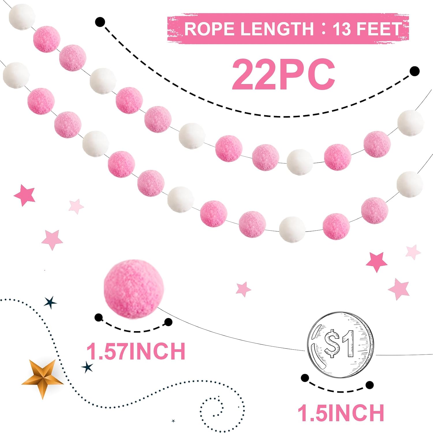 TBD Decor 2pk Pink Pom Pom Garland 13FT 4cm Large Felt Ball Garland Shower Decorationsfor Mantle,Indoor Holiday Wedding Birthday Gender Reveal Party Supplies