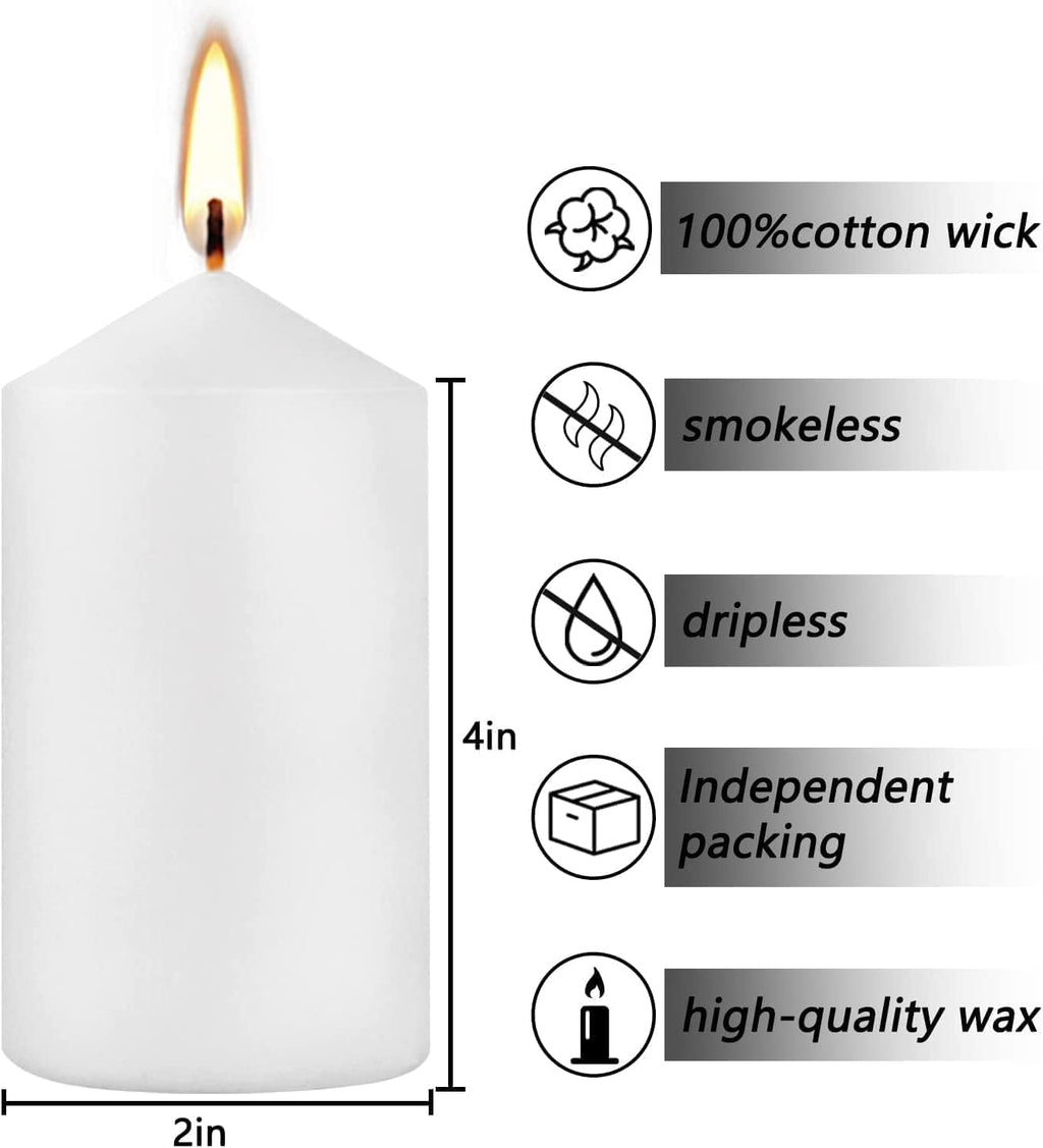 20 Pcs Bulk Long Burning Wax Pillar Candles 2" x 4" Dripless Unscented Smokeless for Wedding Party Spa Lantern Fireplace Home(White)