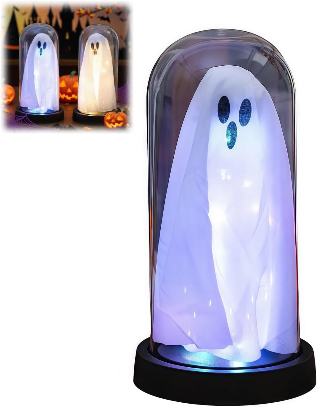 Light Up Ghost in Glass Cloche,Halloween Decorations Indoor,Cute LED Ghost Decor for Mantel,Tabletop,Cute Decorative Ornaments Suitable for Halloween Parties and Festivals(Colored Light,PVC Cover)
