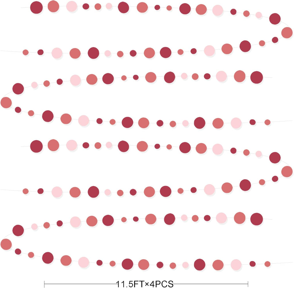 Burgundy Dusty Pink Decorations Circle Dot Garland Maroon Pink Hanging Polka Dot Streamer Banner for Wedding Birthday Bridal Shower Engagement Baby Shower Graduation Anniversary Garnet Party Supplies