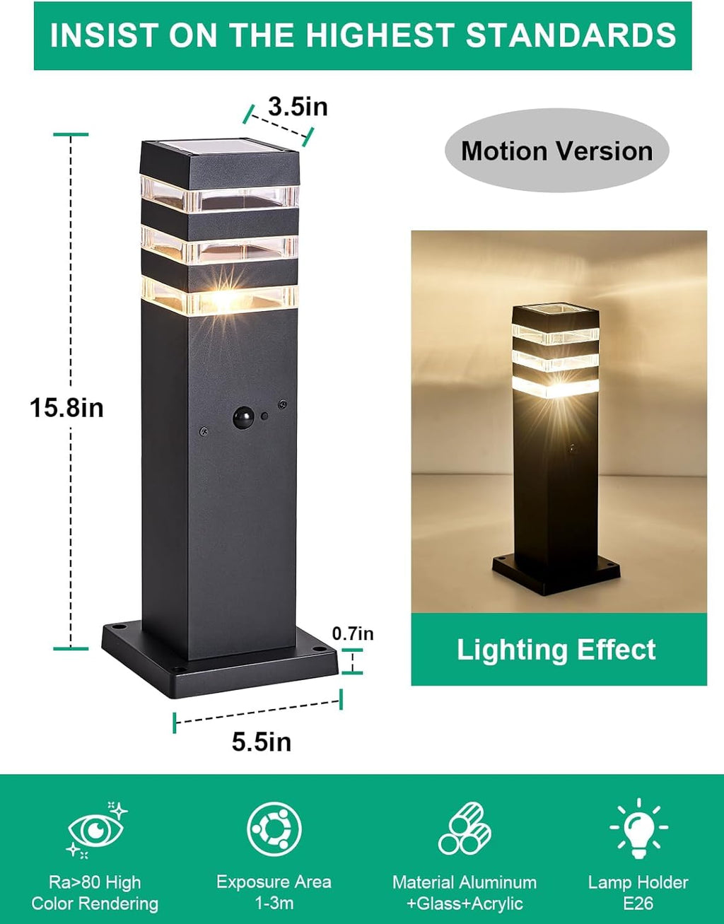 Motion Outdoor Pathway Lights Black E26 Outside Landscape Path Lamp Dusk to Dawn Exterior Floor Light Modern Landscape Sideway Lighting Waterproof Aluminum Exterior Pillar Lamp for Patio Yard Garden