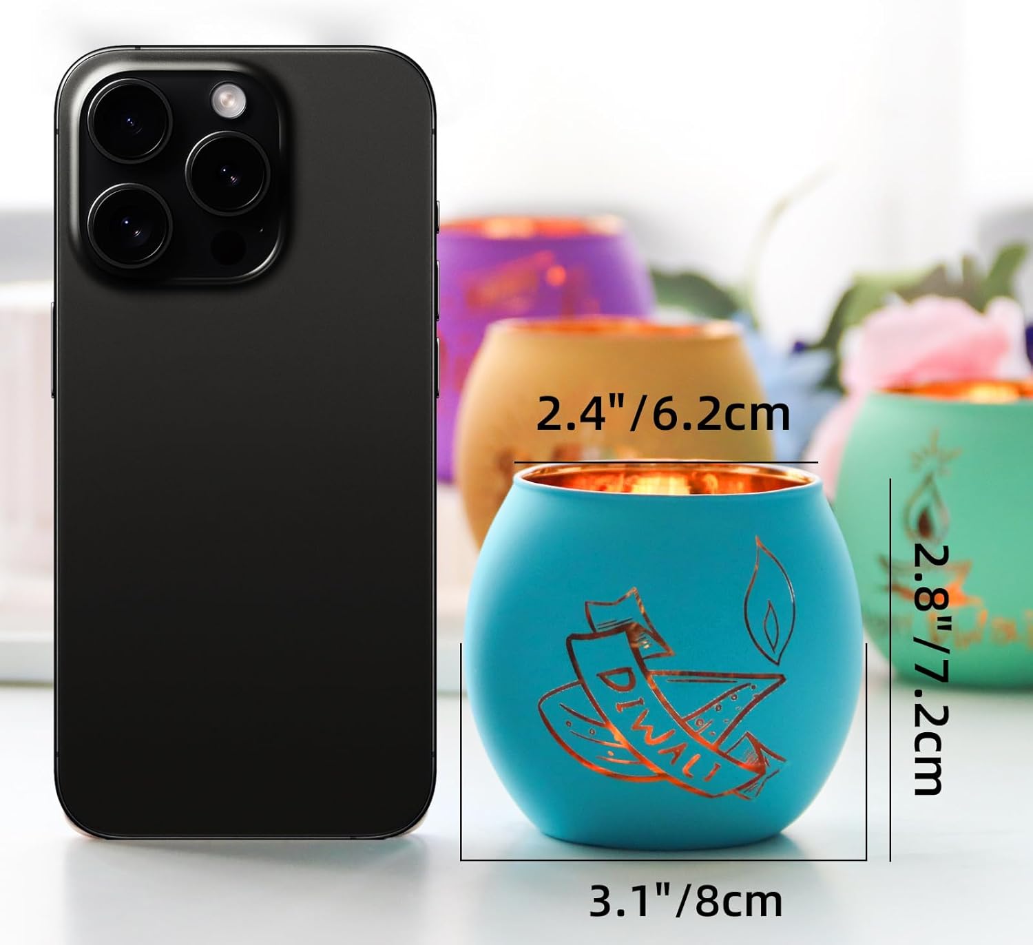 SHMILMH Diwali Gifts 6 PCS Happy Diwali Decorations for Home, Colorful Glass Tealight Votive Candle Holder for Party, Table Centerpiece Deco