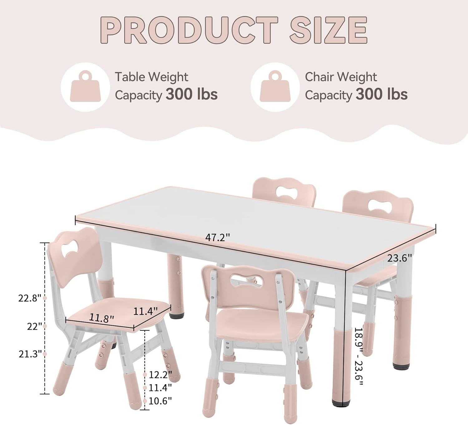 Kids Study Table and Chairs Set, Height Adjustable Toddler Table and Chair Set for Kids Ages 3-8, Graffiti Desktop Plastic Children Art Table with 4 Seats, Lovely Pink