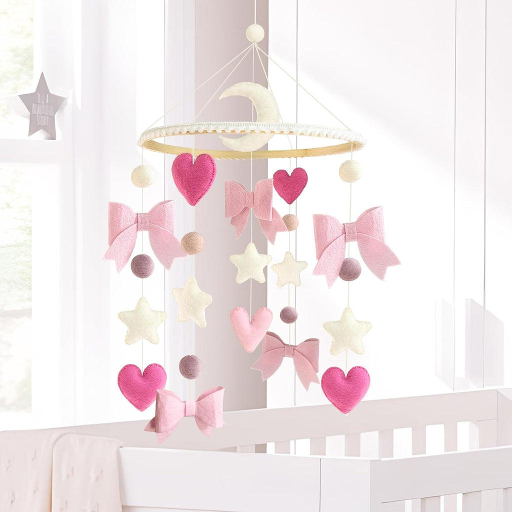 Baby Mobile for Crib Pink Bow Baby Crib Mobile for Girls Handmade Coquette Bow Nursery Decor for Infant Bedroom Hanging Pink Girls Room Decor for Bassinet Gender Reveal Newborn Gifts