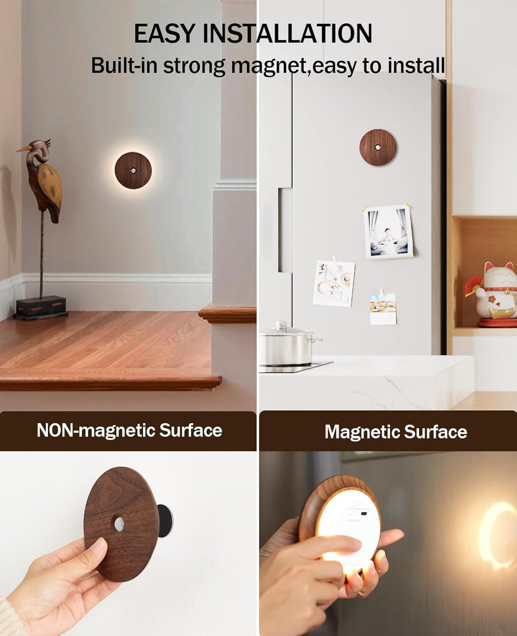 Motion Sensor Night Light Wood Rechargeable Battery-Powered Stick-On Step Lights Magnetic Closet Lights Warm Nightlight for Hallway Bedroom Stair (Black Walnut)