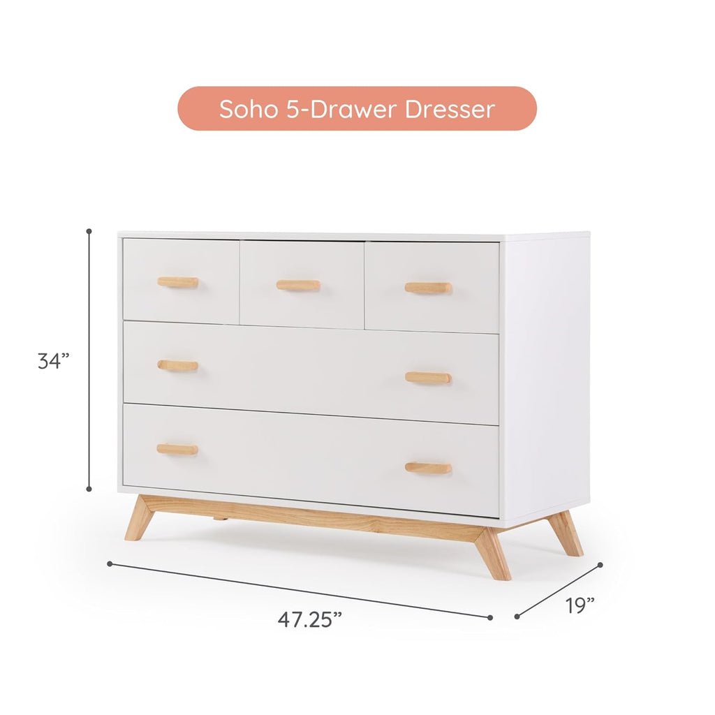 dadada Soho 5-Drawer Dresser for Nursery and Bedroom - Modern Design, Large Storage, Baby-Safe Finish, Soft Close Drawers, Anti-Tip Safety, Sturdy Legs & Solid Wood Handles, 47” Wide (White+Natural)
