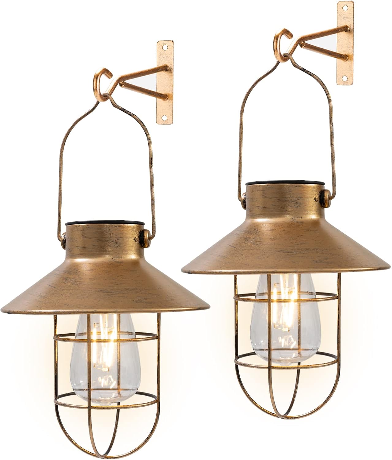 pearlstar Solar Lanterns Outdoor Metal Solar Powered Hanging Lights Waterproof for Barn Wall Yard Garden Patio Garage Balcony Porch Fence Decor, Warm White Edison Bulb (Copper-2pack)
