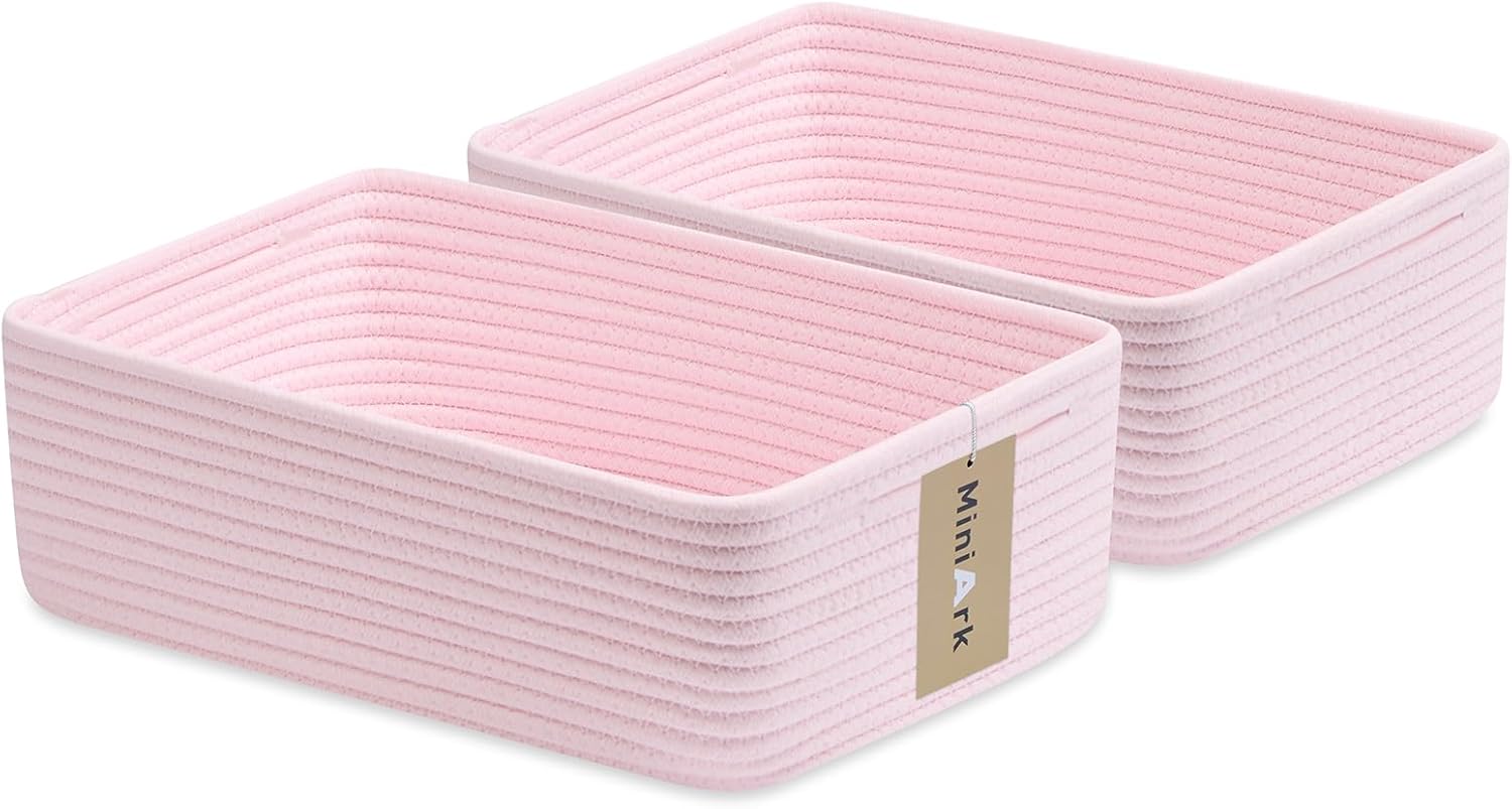 Large Shallow Organizing Baskets 15x11x5.1 Inches - Rope Woven Storage Bins for Bathroom, Shelves, Cube Closet, Light Pink 2 Packs
