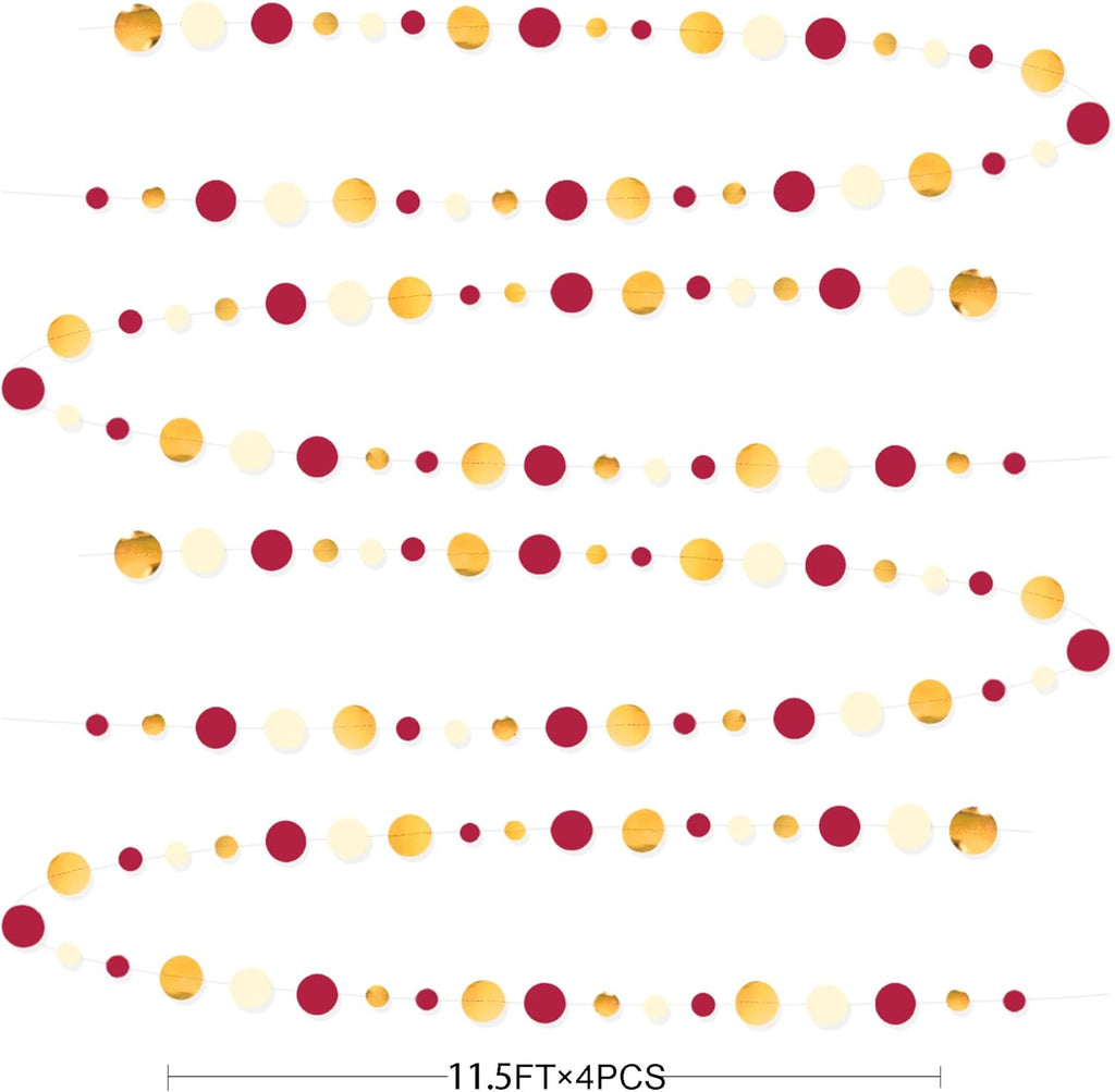 46 Ft Maroon Gold Party Decorations Burgundy Gold Beige Polka Dot Garland Hanging Paper Circle Dots Streamer for Maroon Garnet Graduation Birthday Anniversary Wedding Bridal Shower Party Supplies