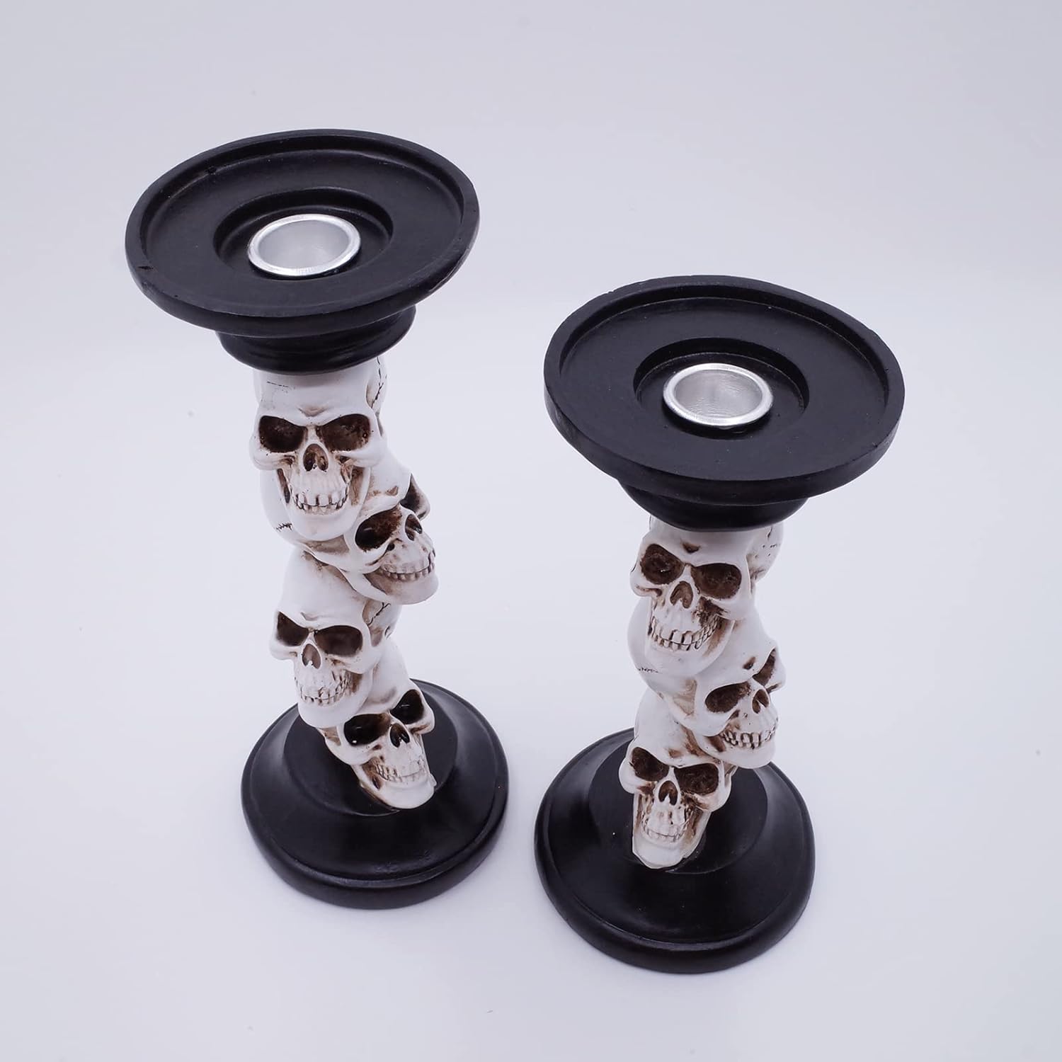 Etistta Halloween Skull Candle Holder for Fireplace Decorations, 9.5 Inch Tall Polyresin Candlestick Holders, White Bones Black Candlesticks for Decor, Set of 2