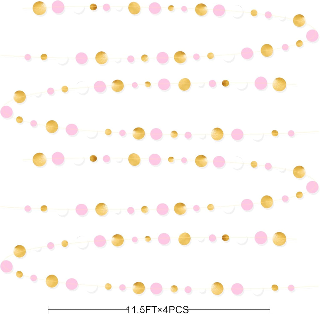 Gold and Pink Party Decorations Circle Dots Garland Metallic Gold Light Pink and White Hanging Polka Dot Streamer for Women Girl Birthday Baby Shower Bridal Shower Wedding Princess Party Supplies