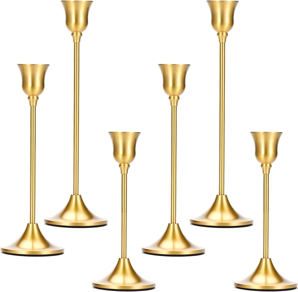 2 Sets(6 Pcs) Candle Stick Holders， Brass Gold Metal Taper Candle Holders, Vintage Modern Decorative Centerpiece Candlestick Holders for Table Mantel Wedding Housewarming Gift