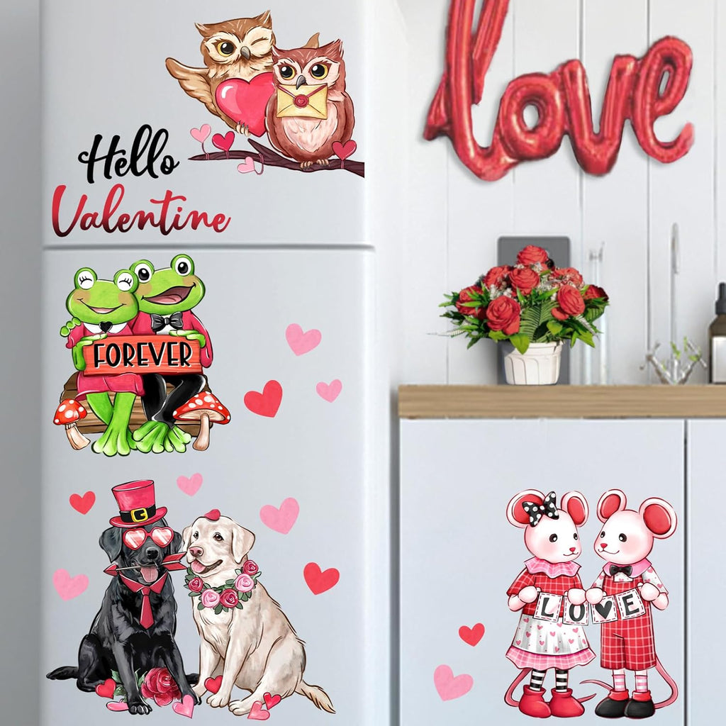 Mfault Valentines Day Animals Window Clings 4 Sheets, Hello Valentine Labrador Dog Frog Cartoon Mouse Owl Stickers Decals Decorations, Love Hearts Anniversary Wedding Home Kitchen Decor Party Supplies