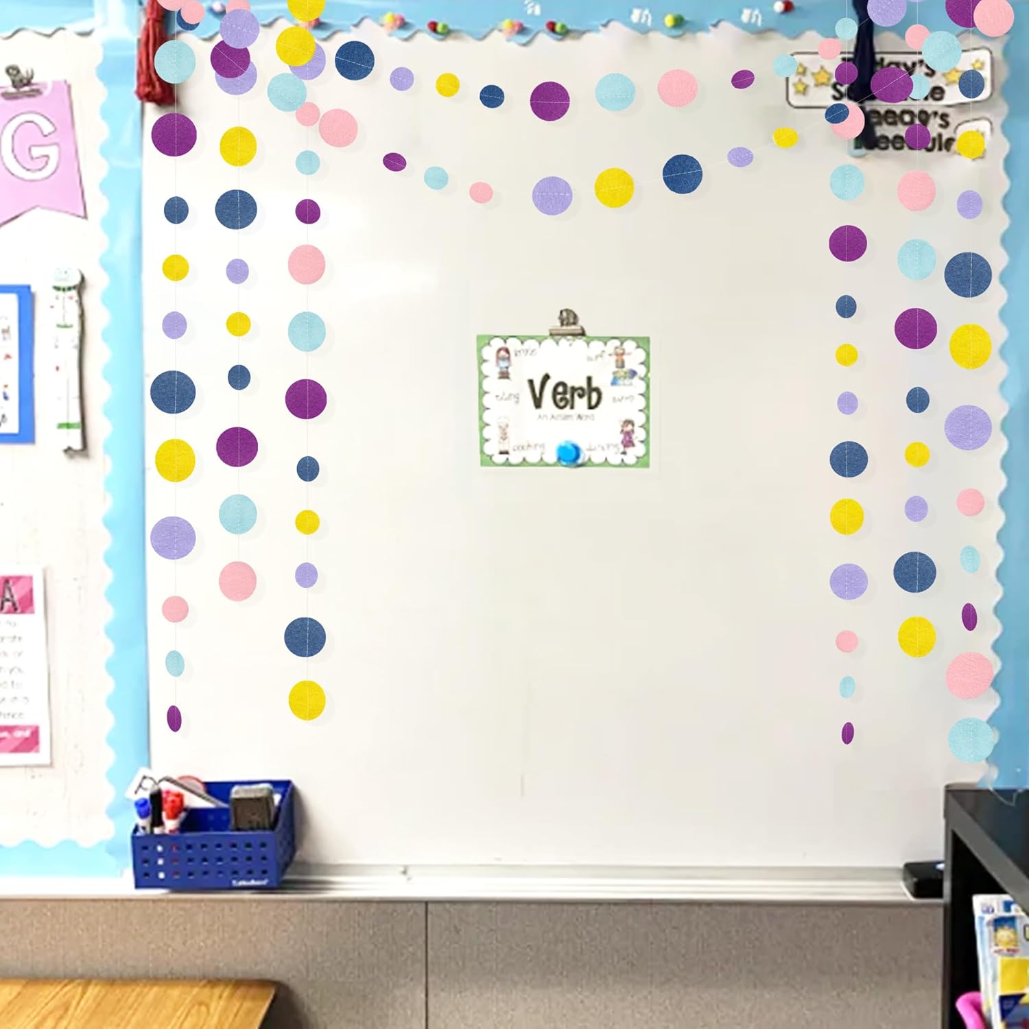 Oh Happy Day Decorations Navy Blue Yellow Purple Pink Boho Felt Circle Dot Garland Hanging Polka Dot Streamer for Classrooms Preschool Everyone is Welcome Homeschool Nursery Birthday Baby Shower Decor