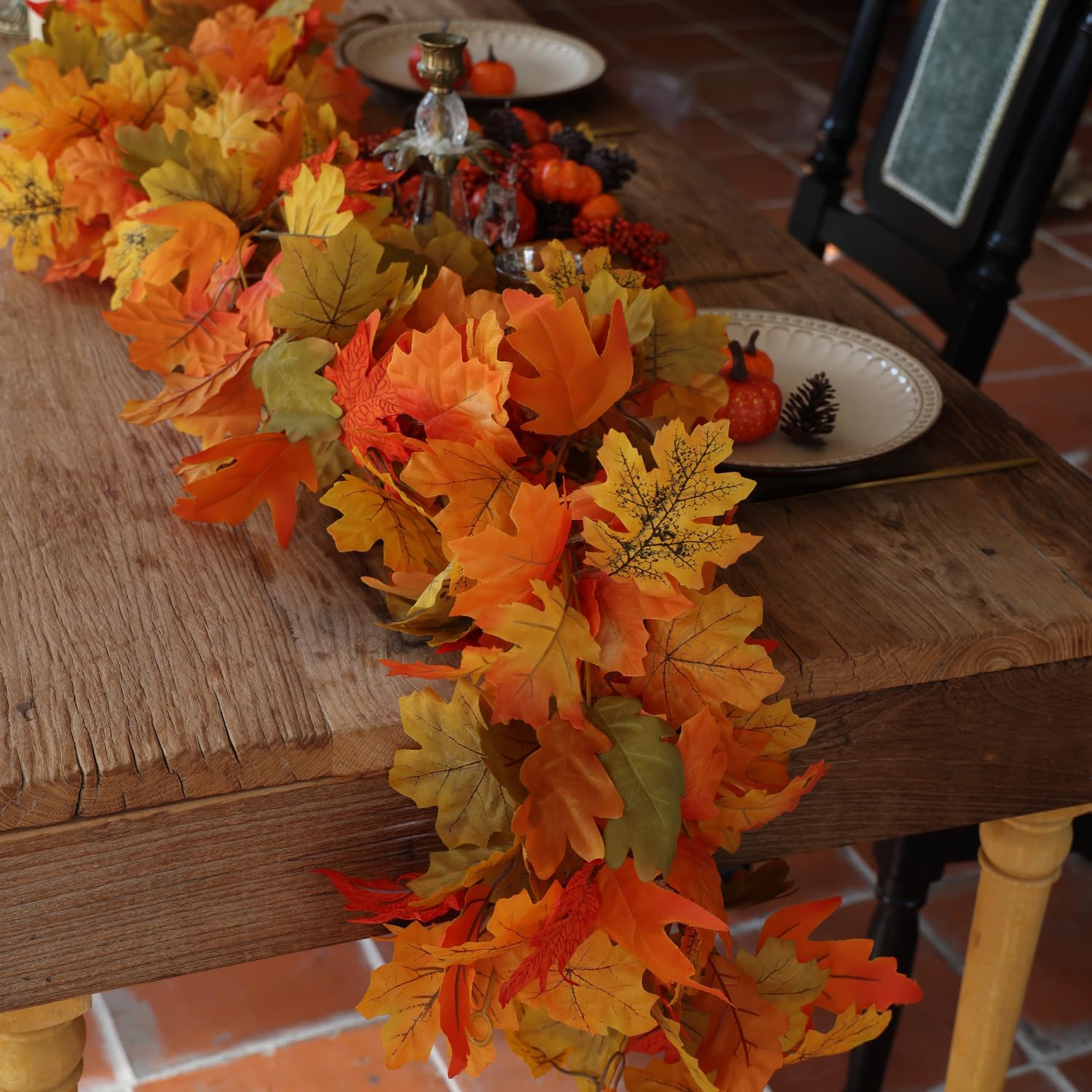 PARTY JOY 6PCS Orange Leaf Garland, 5.6Ft Halloween Garland Artificial Maple Leaf Autumn Hanging Fall Vines Thanksgiving Decorations Fall Decor