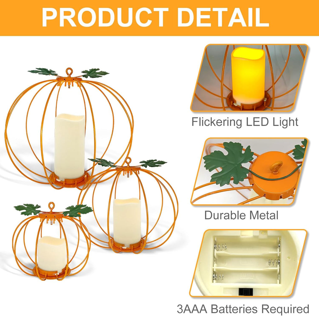Halloween Metal Pumpkin Candle Holder, 3 Pcs Light up Orange Pumpkin Lantern with LED Flickering Yellow Candle Lights Build in Timer for Thanksgiving Halloween Harvest Fall Home Decor