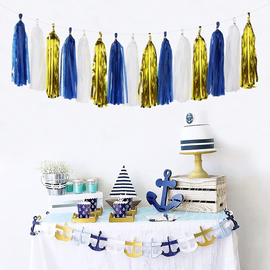 Navy-Blue White-Gold Tassel Garland Streamers- 15pcs Tissue Paper Tassels Banner Party Decorations Men Boy Birthday Graduation Bachelorette Engagement Backdrop Hanging Decor Panduola