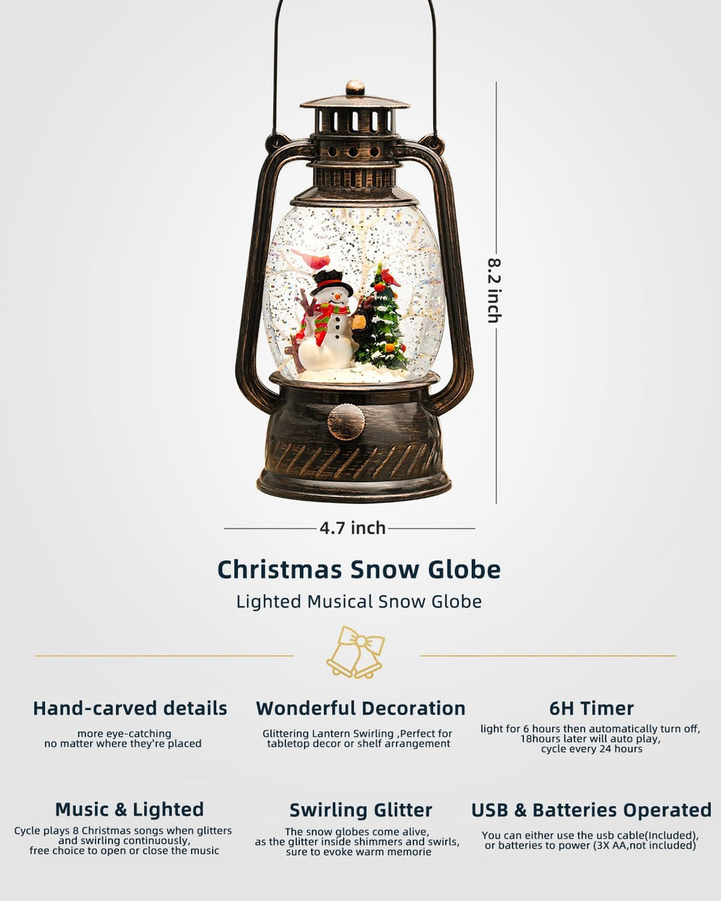 Snow Globe Christmas Decorations - Musical Christmas Snow Globes with 6H Timer,Snowman Cardinal Christmas Tree Scene Snow Globes Lantern USB or Battery Powered,Christmas Decorations Decor for Home