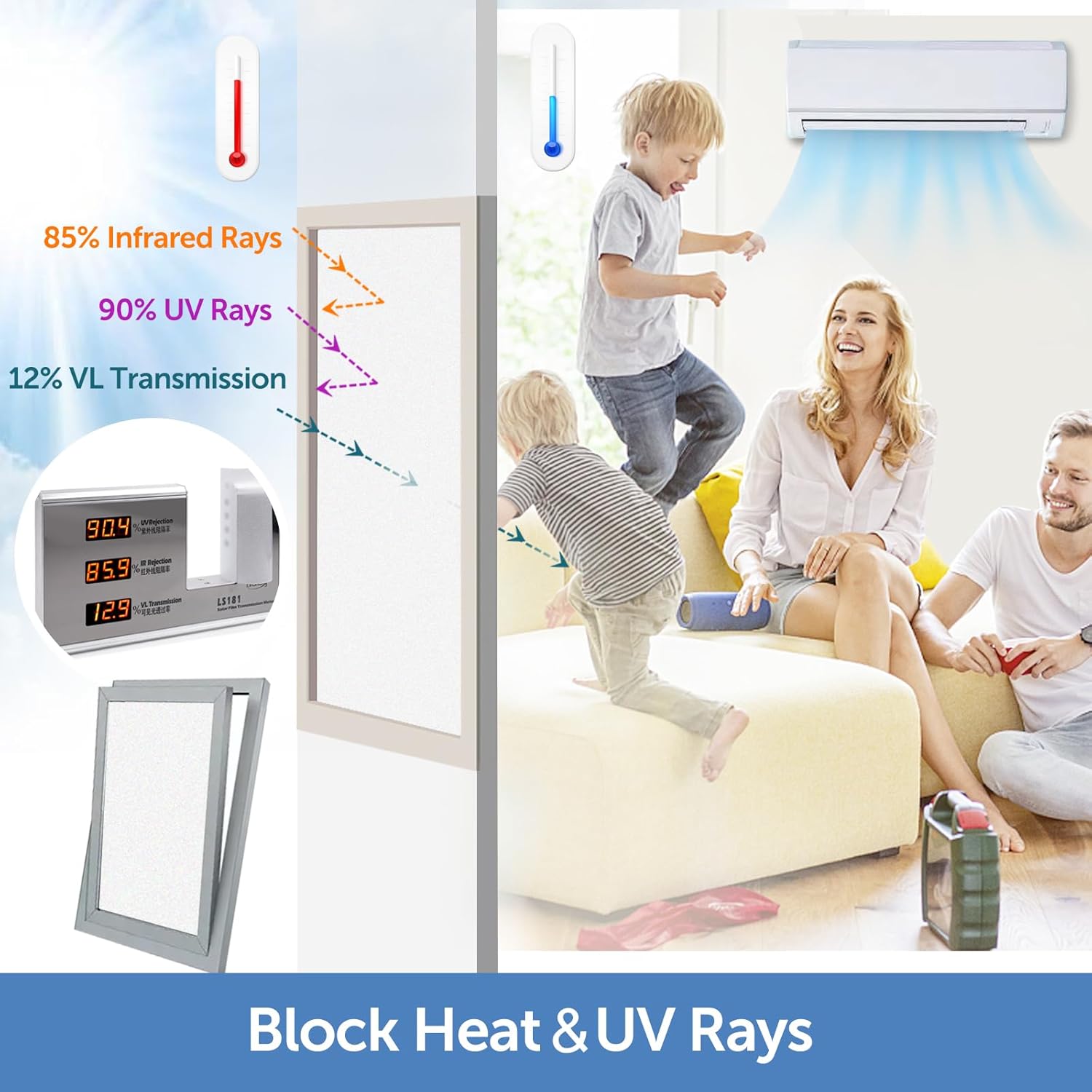 HIDBEA Frosted Window Privacy Film - Non Adhesive Static Cling Glass Stickers Sun UV Blocking Heat Control Door Covering Decals for Home Office, 17.3 x 98.4 Inch