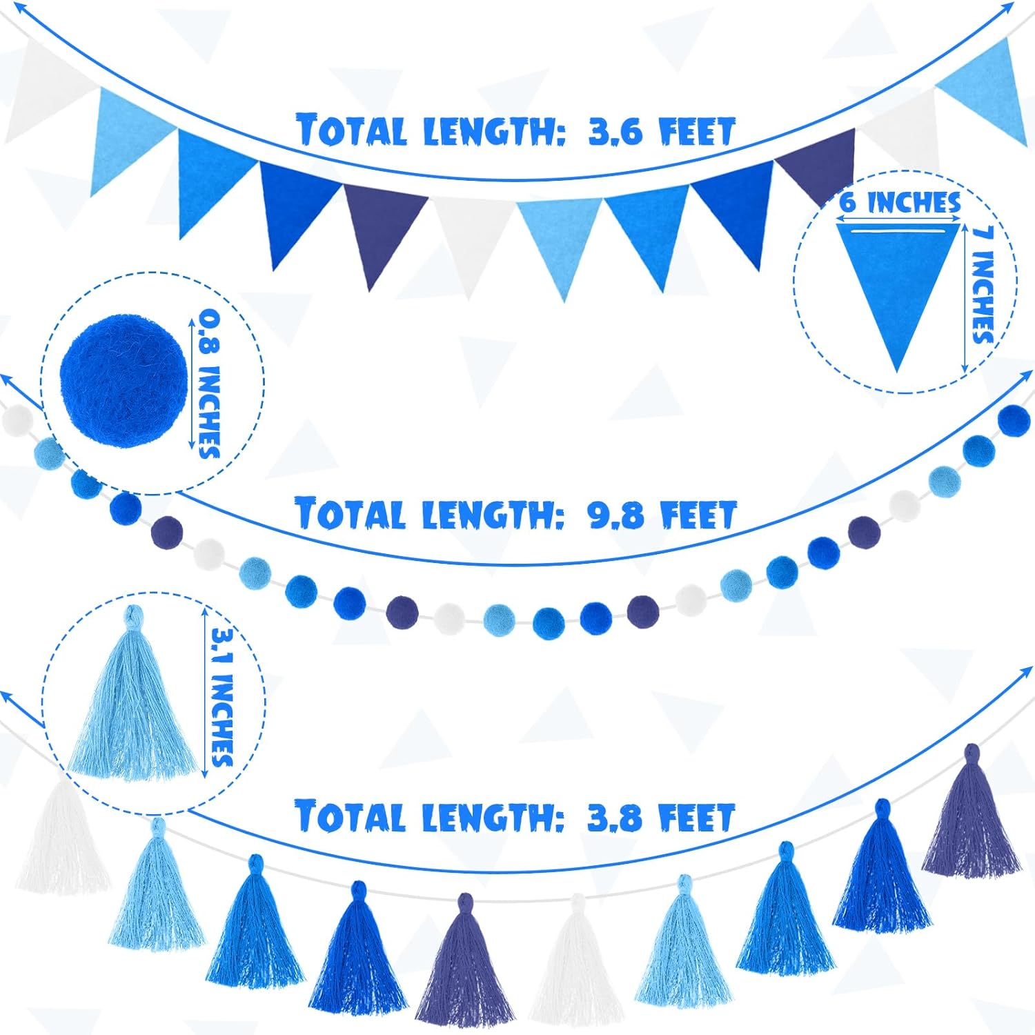 Irenare 9.8 ft Pom Pom Garland Felt Colorful Tassel Banner Christmas Party Pompoms Garland Decorations Felt Pennant Banner for Classroom Home Mantel Fireplace Birthday(Blue)