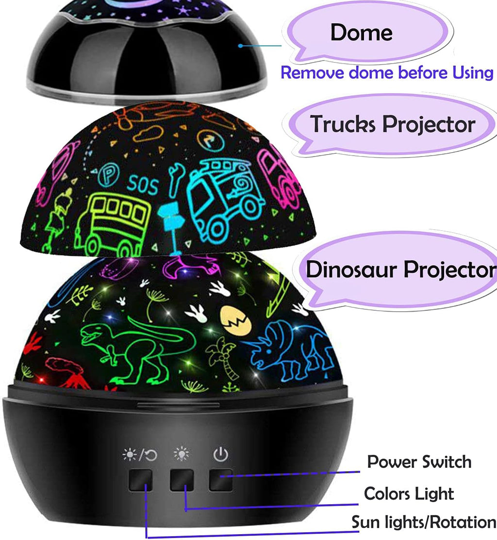 MINGKIDS Night Light for Kids,2 in 1 Rotating Projector Lamp with Dino&Vehicles Theme,2 Ways to Charge,Baby Night Light Ceiling Projector for Bedroom Kids Room Decor