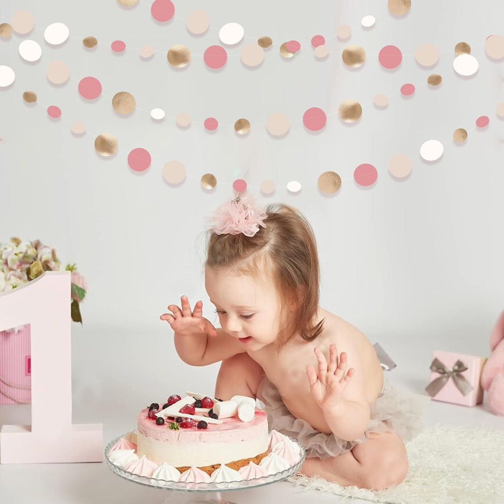 Champagne Gold Dusty Pink Decorations Circle Dots Garland Gold Pink Nude Neutral Cream White Boho Hanging Polka Dot Streamer for Bridal Shower Birthday Wedding Engagement Baby Shower Party Supplies