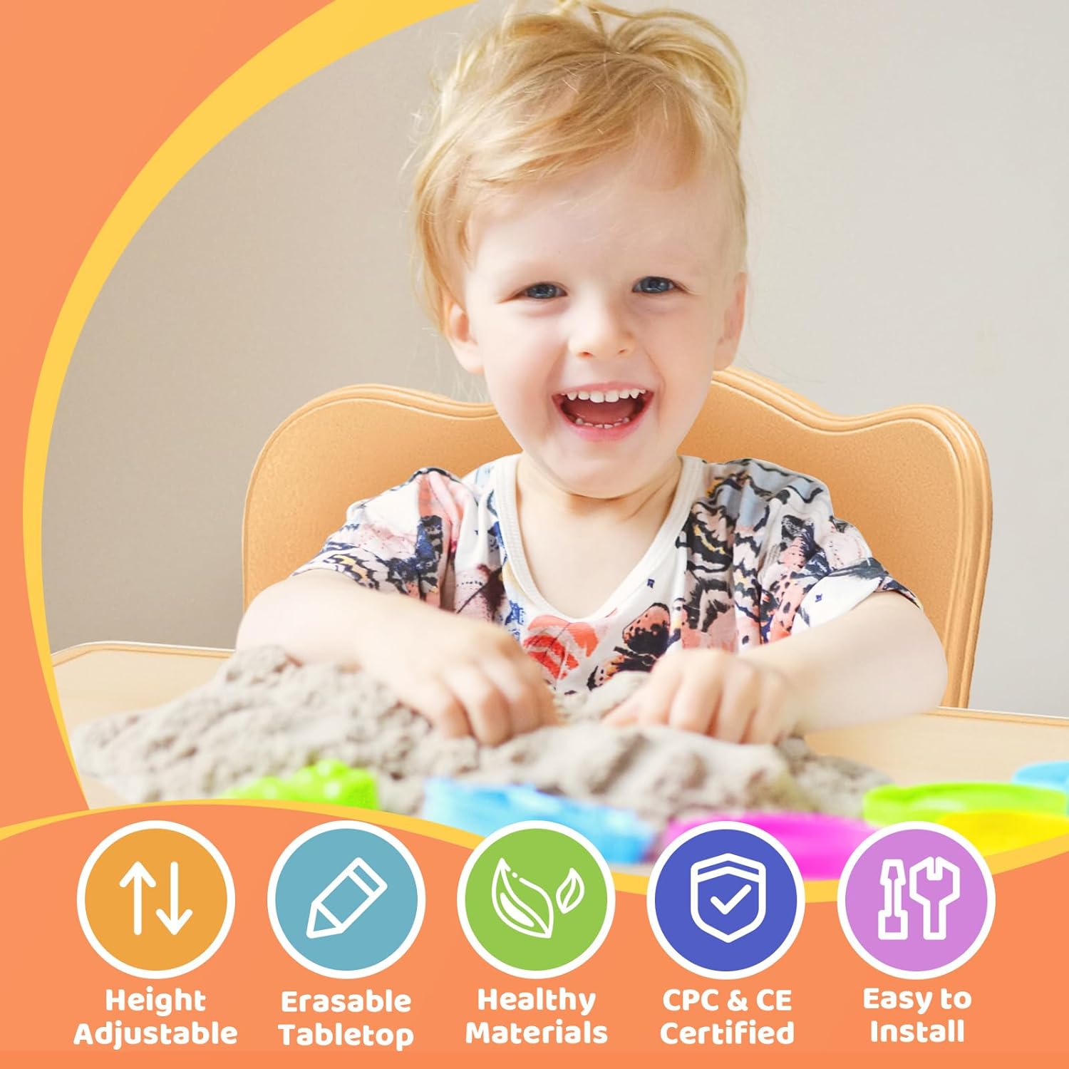 FUNLIO Kids Table and 4 Chairs Set for Ages 3-8, Height Adjustable Toddler Table and Chair Set, Easy to Wipe Arts & Crafts Table, for Classrooms/Daycares/Homes, CPC & CE Approved (5 pcs Set) - Natural