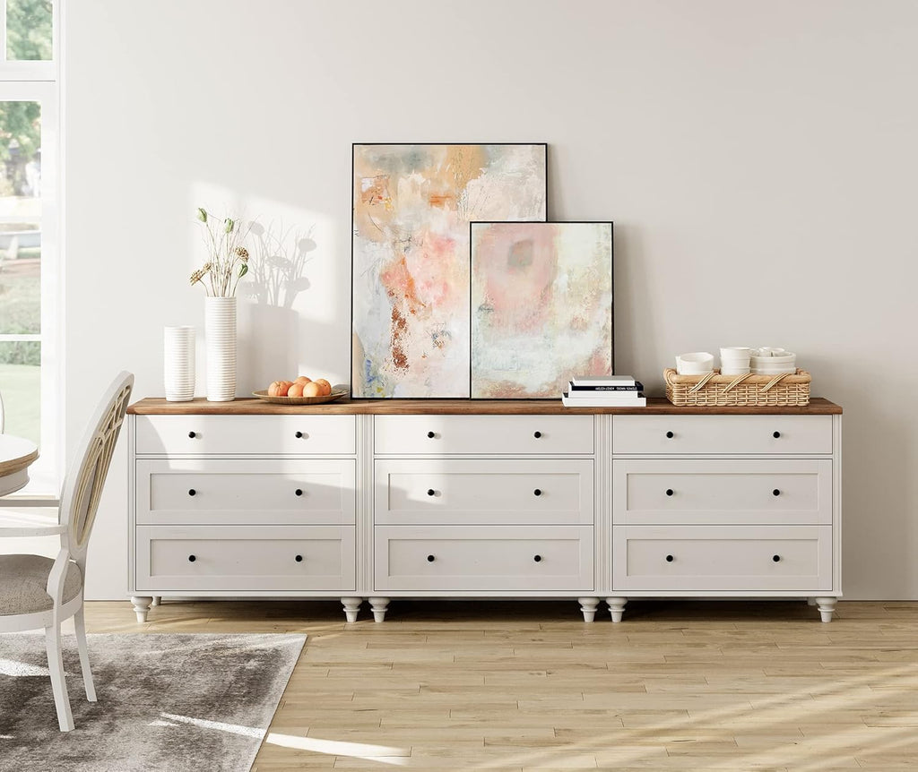 WAMPAT 9 Drawer Dressers for Bedroom, White Kids Dresser with 9 Wide Chest of Drawers, Mid Century Wooden Closet Storage Organizer, Large Wood Baby Dressers for Living Room, Nursery, Hallway