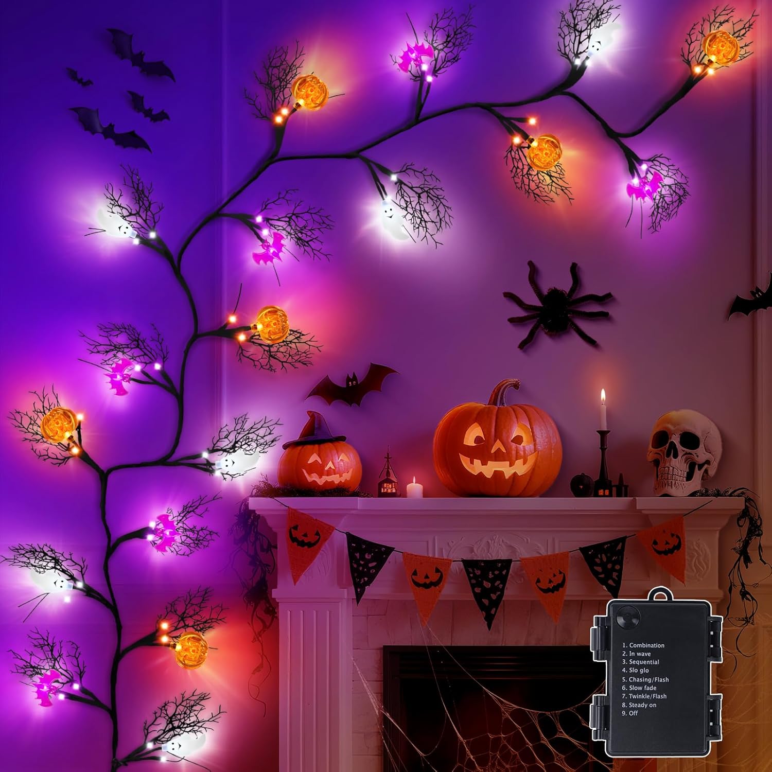 [8 Modes&Timer] 6Ft 45LED Halloween Willow Vine Twig Garland with Orange Lights - Battery Operated, Waterproof Halloween Decor for Indoor Wall, Fireplace Mantle, Home Party (Pumpkins&Bats&Ghosts, 6FT)