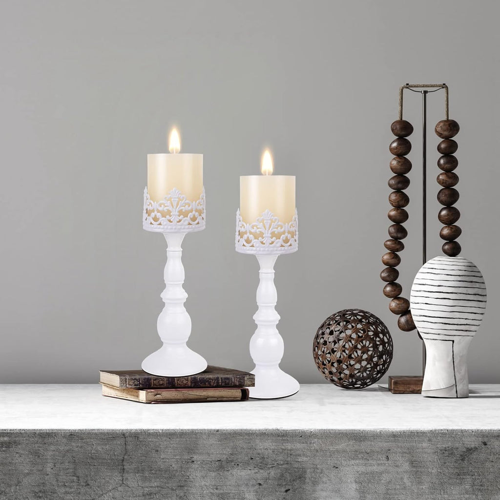 Candle Holders for Pillar Candles Gothic Matte Black Vintage Tall Candle Holders Set of 2 Decorative Large Table Centerpieces Candle Stand Decor (White 2PCS A)