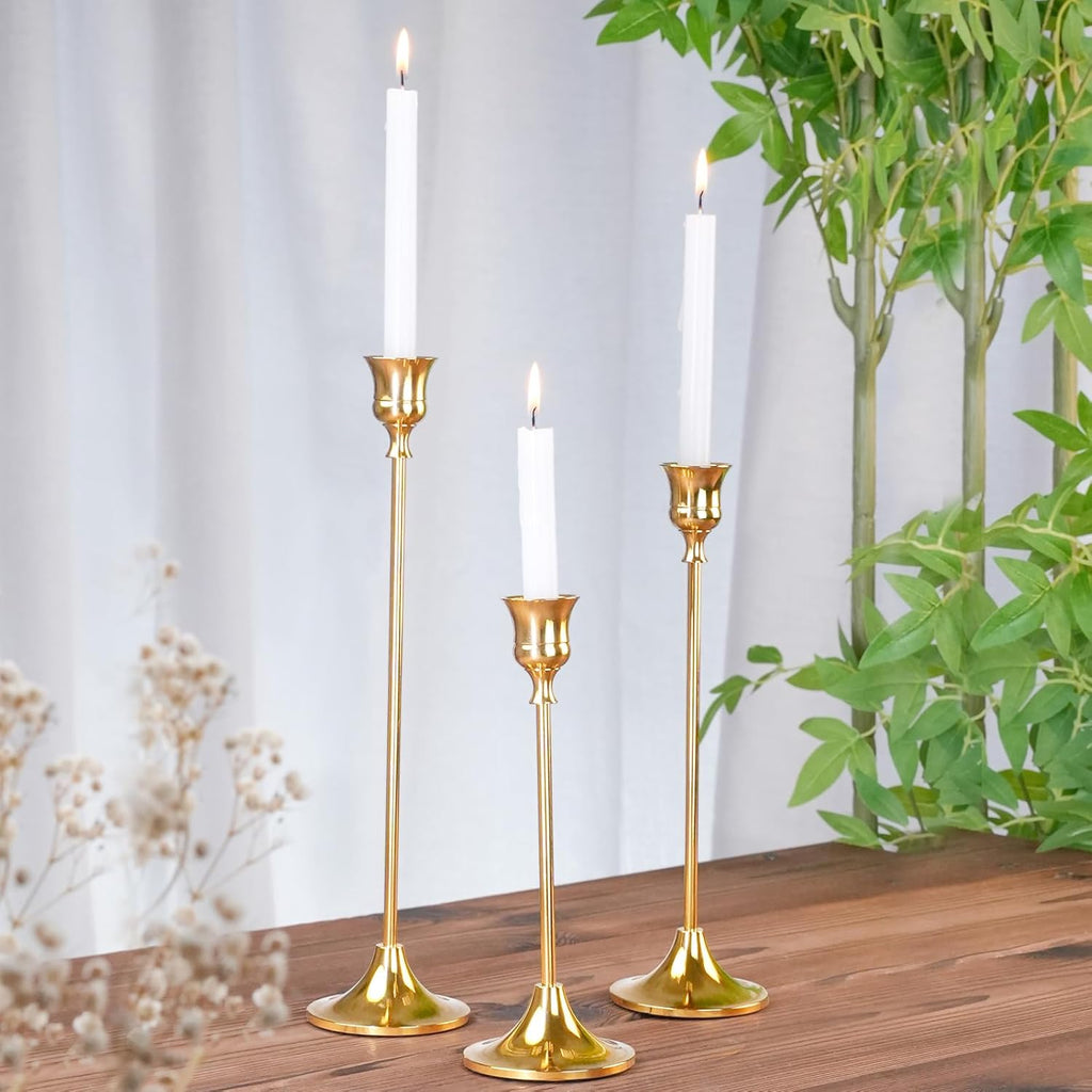 Metal Candle Holders for Candlesticks Taper Candlestick Holders Set Vintage Decorative Centerpiece Candelabra Tall Candle Stands for Halloween Thanksgiving Christmas (Gold, 2 Sets (6 pcs))