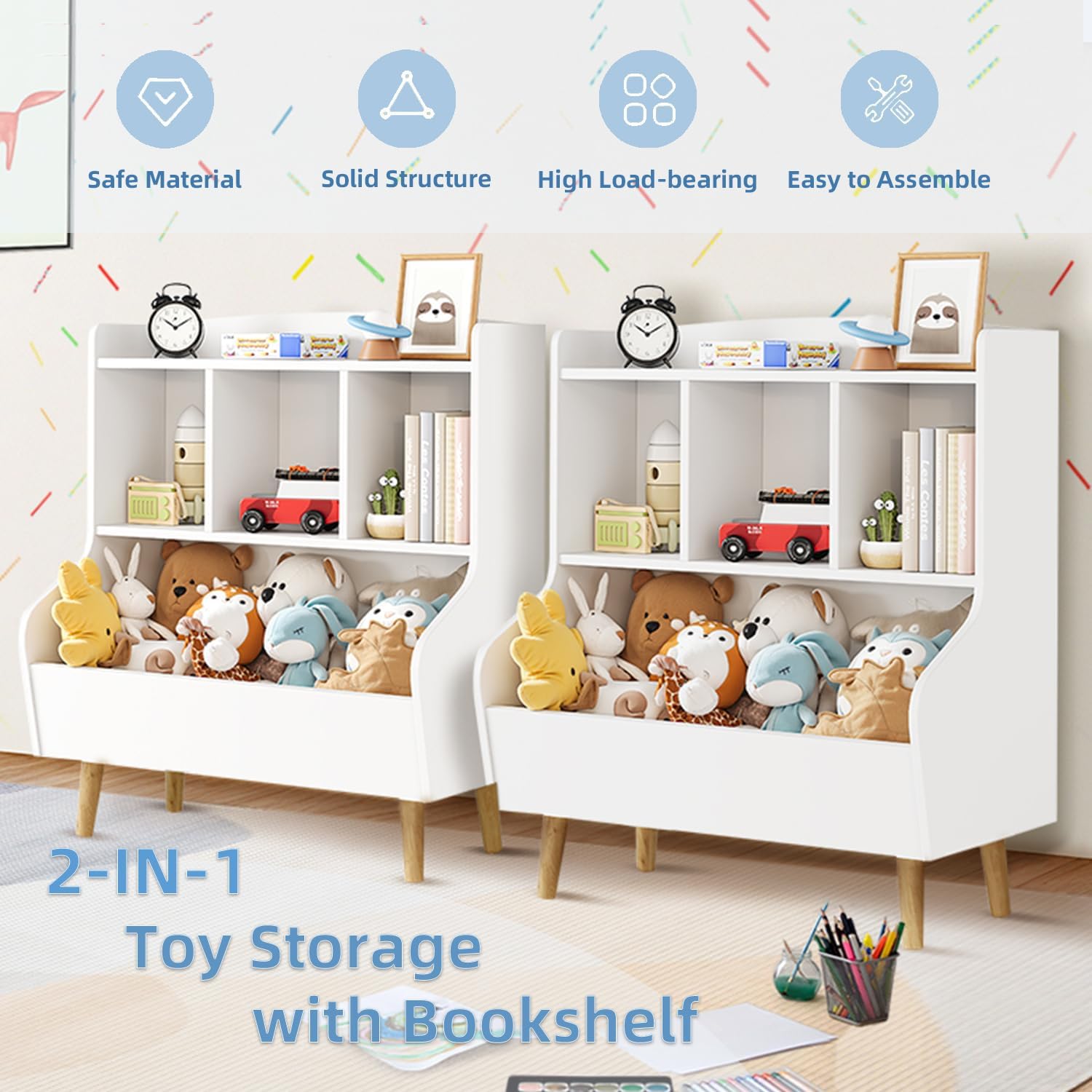 Kids Bookshelf and Toy Storage, 4-Cubby Toy Storage Organizer with Bookcase, Wood Kid Storage Cubby, 24"L x 14"D x 28"H Montessori Toy Shelf, Toddler Book Shelf for Kids Room Nursery Playroom