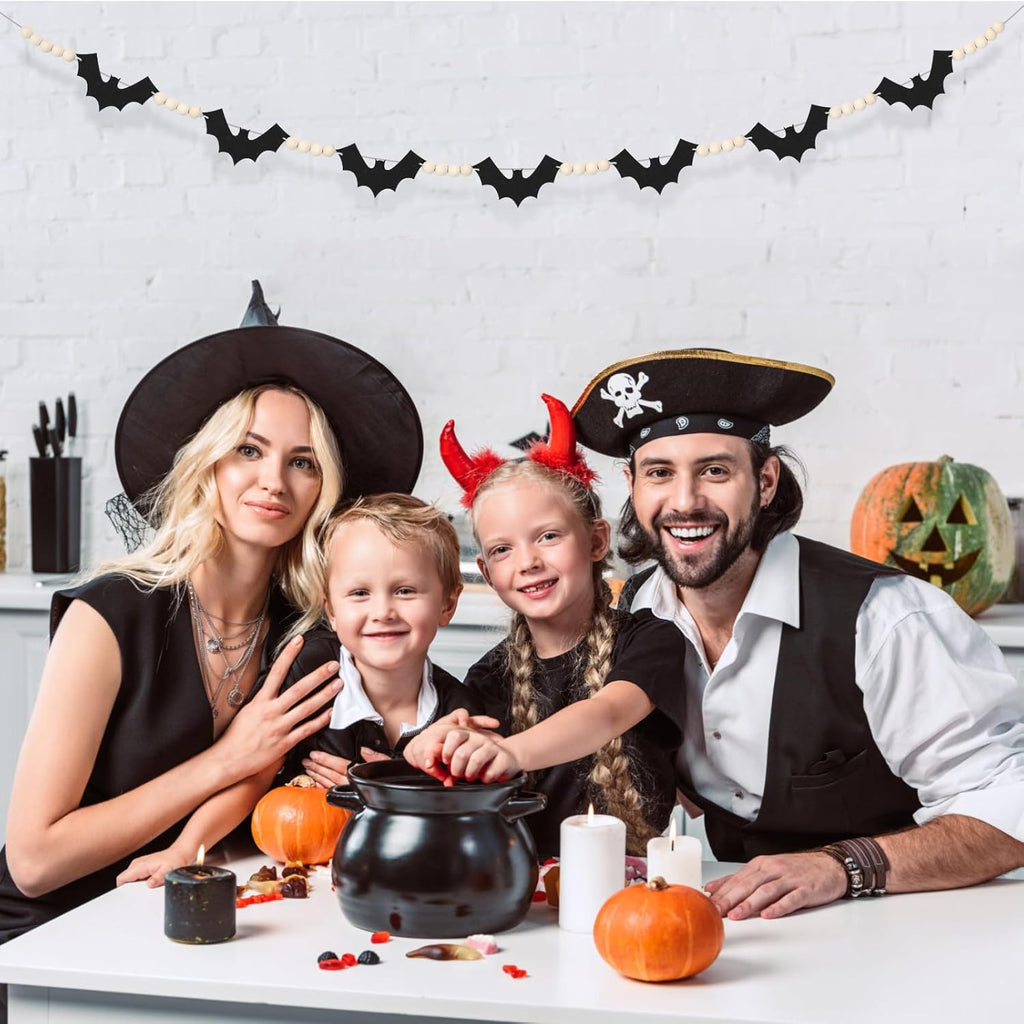 2 Packs Halloween Decorations Garland, Felt Bats Halloween Decor Banner with Wood Beads for Fireplace Mantel Fireplace Home Indoor